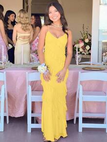 Women's Backless Bodycon Spaghetti Strap Elegant Ruffle Maxi Cocktail Party Dresses, 2025 QMO3 - 黃色 - 查看 8