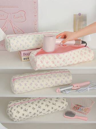 1个可爱绗缝蝴蝶结卷发棒收纳袋，直发梳便携收纳袋，旅行美发工具收纳袋，卷发棒支架，便携式收纳整理袋，美发工具收纳袋，吹风机收纳袋，卷发棒配件保护套，美发工具直发器吹风机卷发棒平底夹隔热垫