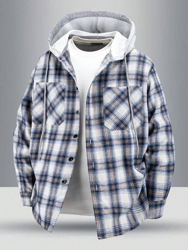 Men's Fashionable Loose Fit Chest Pocket Adjustable Drawstring Hooded Plaid Shacket, Suitable For Spring And Autumn