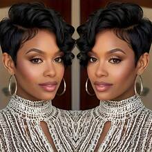 Short Pixie Cut Wig Human Hair 6 Inch 150% Density 13x4x1 Lace Wig For Women Curly Wave Human Hair Brazilian Remy Hair Suitable For Daily Wear 1B Color Casual Elegant Preppy Business Modest Romantic Glamorous Vintage Street Sporty Cute Royal Simple Vacation Daily Holiday Music Festival Mother's Day Carnival Valentine's Day Halloween All Saints' Day Christmas Day Cosplay Spring Summer Autumn Winter Local Warehouse Wear And GO New Product Discounts Wigs For Women - Natural Black - 查看 4
