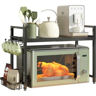 Extensible para microondas, Organizador de Cocina Ajustable en Altura, Estante para Cocina, 2 Niveles con 8 Ganchos pequeño, 1 Soporte para Tazas Grandes con 4 Gancho, 1 Cesta metálica