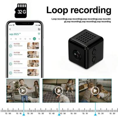1080P FHD Mini-WLAN-Kamera mit Nachtsicht, kleine quadratische Kameras mit 32 GB SD-Speicherkarte, Bewegungserkennung, Fernanzeige-Nanny-Cam