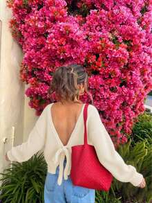 FOR BEAUTY Autumn And Winter New Solid Color Strap Bow Women's Long Sleeve Knitted Cardigan Top, Fashionable And Simple Street Casual Loose And Lazy Suitable For Going Out Commuter Sweater Autumn Women's Clothing Christmas