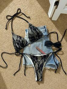 Bộ bikini ren đen gợi cảm, quần bơi buộc dây bên hông, đồ bơi thường ngày thanh lịch, hoàn hảo cho kỳ nghỉ biển, tiệc bể bơi và những chuyến đi chơi mùa hè. - Nhiều màu - Xem 3