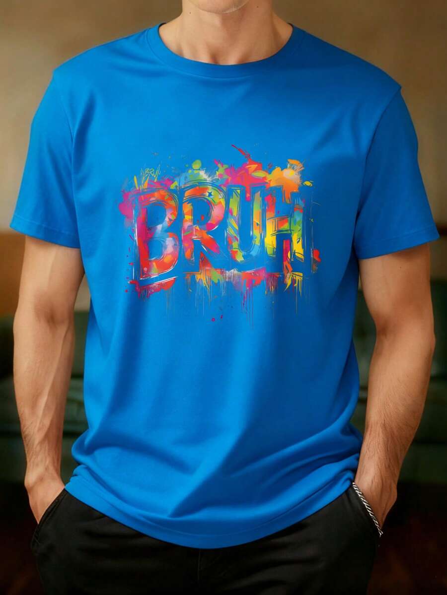 Camiseta de Manga Corta Negra con Estampado de Graffiti BRUH Colorido - Ideal para Uso Diario y Estilo Urbano - Azul - Ver 1