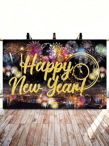 1件2026新年快乐背景布，气球、新年烟花和香槟图案背景布，150*100厘米涤纶背景布，新年除夕庆祝用品，新年派对装饰，新年拍照道具，新年装饰品，节日派对用品 - 彩色 - 查看 6