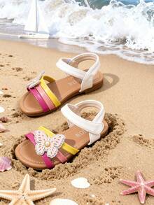 优雅的女童鞋，花童鞋，蝴蝶装饰，儿童平底沙滩凉鞋，彩色条纹，可爱迷人，脚感舒适 - 彩色 - 查看 3