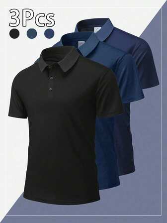 3pcs Men's Polo Shirts Short Sleeve Quick Dry Outdoor Business Casual Breathable T-Shirts