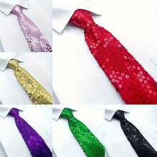 1pc Men's Solid Color Sequin Casual Zipper Necktie, Suitable For Holidays And Parties - Black - View 1