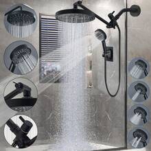 4 模式手持花洒套装，经典美式风格，配备高压方形雨淋花洒头和分水器，抛光 ABS 材质，全身覆盖，无需用电，花洒组合 - 黑色 - 查看 5