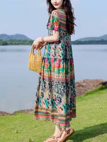 FANMUER Váy đi biển mùa hè họa tiết hoa Bohemian thanh lịch giản dị dành cho nữ - Đen và xanh lá cây - Xem 3