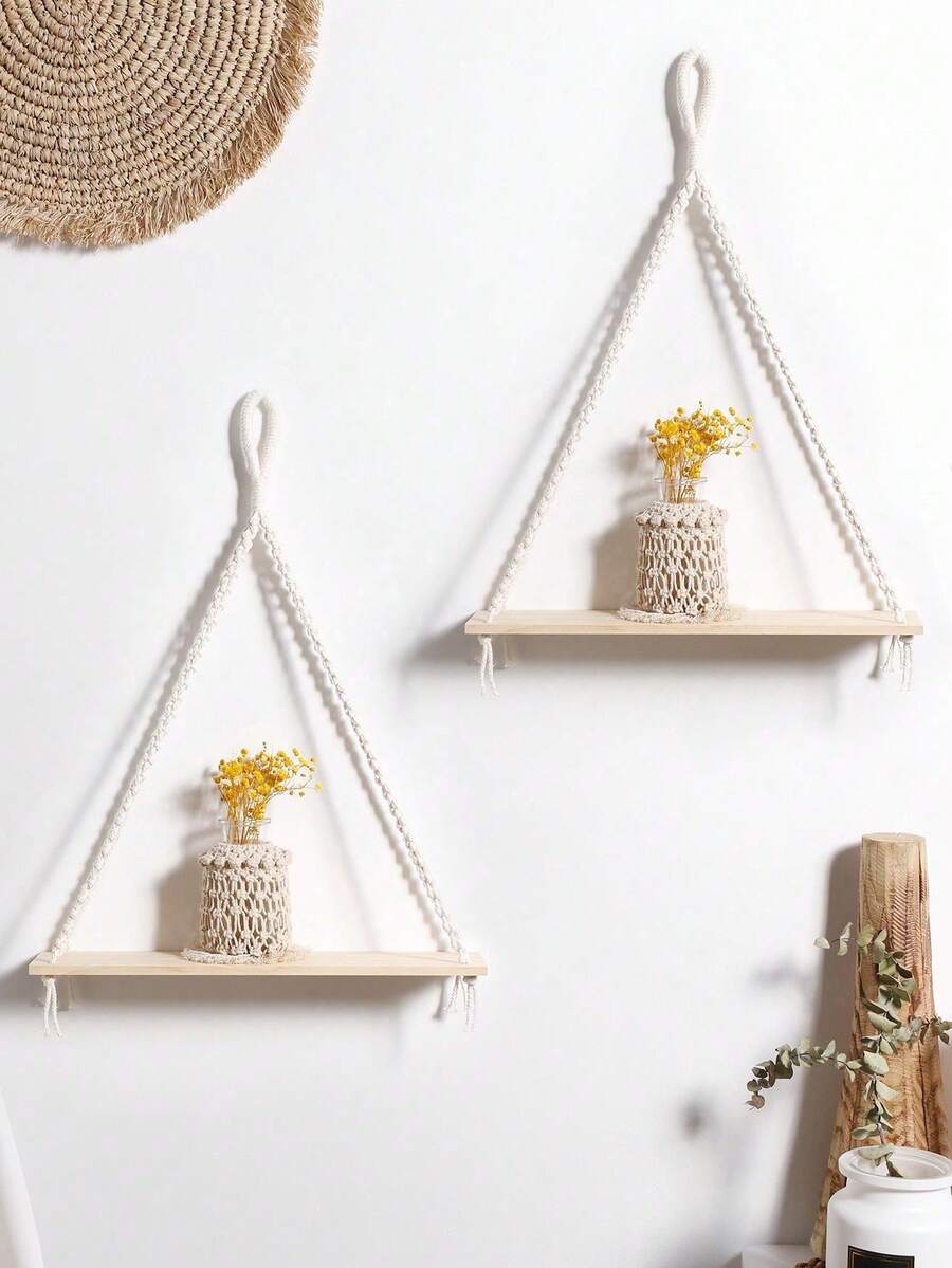 1pc/2pcs Handmade Woven Wall Hanging Rack, Triangular Wooden Floating Shelf, Boho Style Wall Mount Storage Rack With Macrame Tassel, Minimalist Home Decor, Natural Beige, Suitable For Living Room, Bedroom, Office And Entryway
