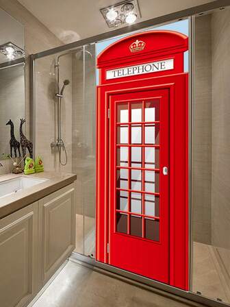 现代艺术电话亭3D楼梯艺术门贴，家居装饰，仿英式红色电话亭贴纸，三维立体门贴，可移动墙贴，卧室客厅DIY翻新墙纸墙贴墙面装饰房间装饰卧室装饰