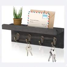 1 pieza Soporte de llaves de madera rústica con 4 ganchos de metal, estante de pared para llaves y organizador de correo para entrada, dormitorio, cocina, sala de estar, decoración del hogar, almacenamiento, exhibición decorativa funcional, diseño moderno y contemporáneo, solución de organización ahorradora de espacio, regalo perfecto para familia y amigos - Multicolor - Ver 15