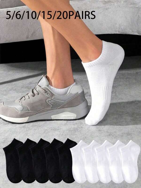 5/6/10/15/20 Pairs Men's White Ankle Socks, Moisture Wicking Breathable Socks For Tennis, Badminton, Running, Basketball