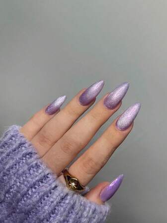 24pcs Magnet Purple Press On Nails Short Almond, Handmade French Tip Cat Eye Gel Fake Nail Kit, Nude Violet Glitter Magnetic Glue On Nail Medium, Reusable Acrylic Stick False Nail Kit For Women