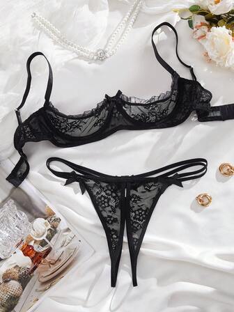 蕾丝拼接网纱无裆内裤，性感女士内衣套装