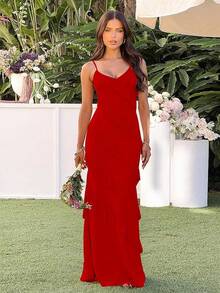 Women's Backless Bodycon Spaghetti Strap Elegant Ruffle Maxi Cocktail Party Dresses, 2025 QMO3 - 紅色 - 查看 10
