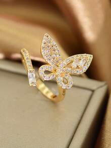 خاتم فراشة مفتوح من الزركونيا عالي الجودة والموضة، مناسب للاستخدام اليومي للنساء، الأعمال، الحفلات، الزفاف، السفر، وكهدية لعيد الفطر/عيد الأضحى