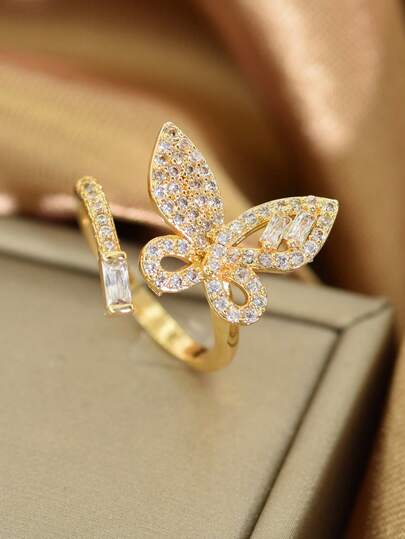 خاتم فراشة مفتوح من الزركونيا عالي الجودة والموضة، مناسب للاستخدام اليومي للنساء، الأعمال، الحفلات، الزفاف، السفر، وكهدية لعيد الفطر/عيد الأضحى