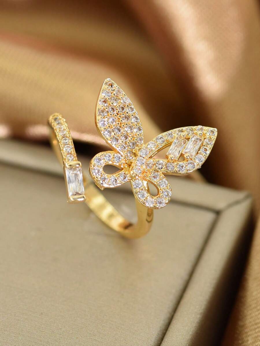 خاتم فراشة مفتوح من الزركونيا عالي الجودة والموضة، مناسب للاستخدام اليومي للنساء، الأعمال، الحفلات، الزفاف، السفر، وكهدية لعيد الفطر/عيد الأضحى