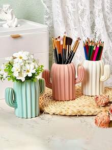 Porta-canetas minimalista nórdico em forma de cacto, caixa de armazenamento de mesa, vaso multifuncional adequado para pincéis de maquiagem, joias, pulseiras, chaves e outros itens pequenos, vaso de decoração para casa, ideal para banheiro e quarto (cor aleatória) - Multicolorido - Ver 2