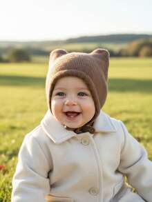 1pc Baby/Toddler Girls' Coffee Color Warm Knit Hat, Infant Winter Earflap Hat, Minimalist Design, Autumn/Winter