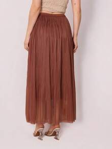 Saia Longa Feminina Elegante Tule Plissado com Forro Cintura Alta Look Festa Noite - Marrom - Visão 4