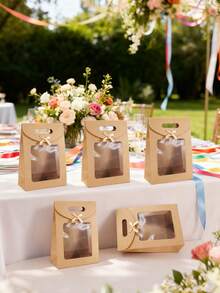 5pcs Bowknot Transparent Window Gift Bags, Extra Small/Small/Medium/Large Size, Brown Color, Suitable For Birthday Party, Christmas, Mystery Box