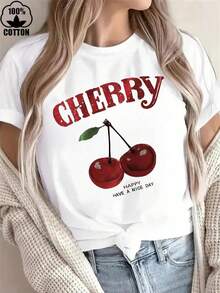 Happy Valentine'S Day Women's Casual Cherry Pattern Round Neck Short Sleeve Women's-Shirt, Women's 220g Round Neck Casual Heavy Cotton-Shirt (1 PC) - 白色 - 查看 7