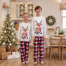Family Christmas Pajamas Set, Long-Sleeved Elk Print Top + Stretch Plaid Pants / Pajamas Set, Very Suitable For The Whole Family To Wear Pajamas Home Clothes - 白色 - 查看 3