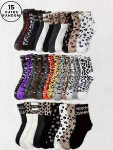 1/10/18 双随机女士豹纹爱心图案中筒袜，时尚简约独特复古街头风设计，适合休闲装扮 - 彩色 - 查看 18