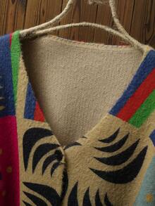 Plus Size Women Vintage Colorblock Floral & Leaf Print Long Sleeve Casual Knit Cardigan