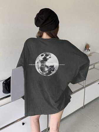 レタープリント ルーズフィット 長袖 コットンTシャツ、春秋シーズンに活躍