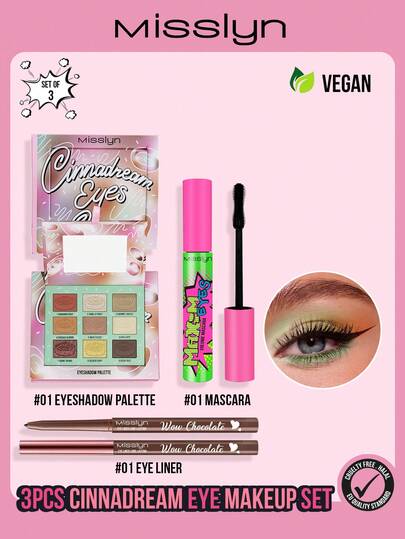  MISSLYN - 3件套肉桂卷眼妆套装，肉桂卷眼影盘，眼影，眼妆，肉桂卷，秋冬春夏风格，Maxim Eyes丰盈睫毛膏，黑色丰盈纤长可水洗睫毛膏，可叠加涂抹且可卸除，巧克力奶油眼线液，高显色度，防水