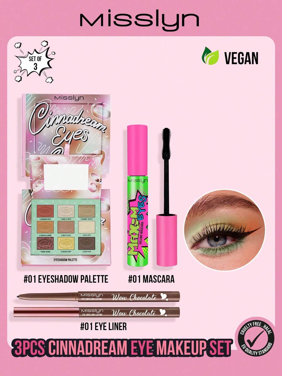 MISSLYN - 3件套肉桂卷眼妆套装，肉桂卷眼影盘，眼影，眼妆，肉桂卷，秋冬春夏风格，Maxim Eyes丰盈睫毛膏，黑色丰盈纤长可水洗睫毛膏，可叠加涂抹且可卸除，巧克力奶油眼线液，高显色度，防水 - #1+#1+#1 - 查看 1