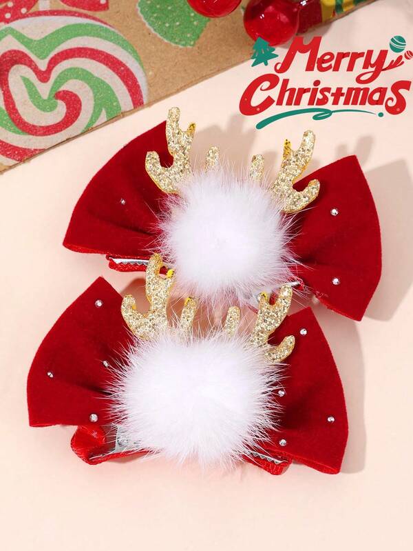 2 pièces Pinces à cheveux en forme de nœud de Noël pour femmes, épingle à cheveux douce décorée de bois de renne pour fête de Noël, hiver, vacances, accessoire de mode pour cheveux, barrette, pince à cheveux