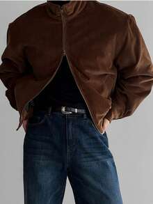 Men's Autumn/Winter Stand Collar Corduroy Short Jacket Coat, Retro Mature Style, Heavy-Duty Two-Way Zipper Outerwear - Brown - View 3