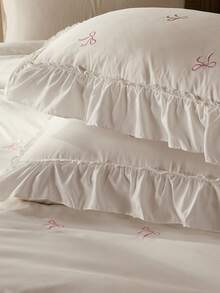 2/3pcs 100% Polyester Bow Embroidery, Ruffle Decor,Duvet Cover Set Without Filler,(1Duvet Cover &1/2 Pillowcases), Modern Polyester Bedding Set For All Season - White - View 5