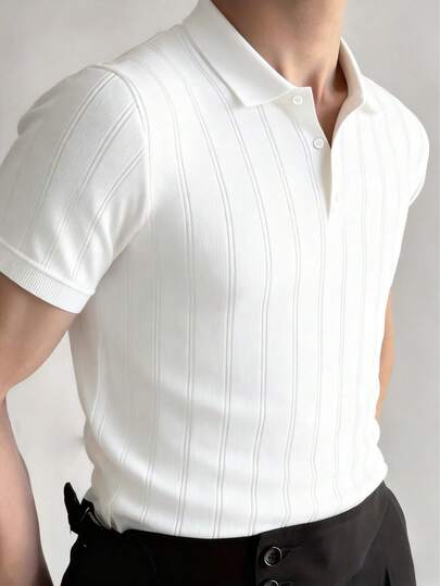 Camisa polo de manga corta de punto acanalado de unicolor casual para hombre, verano