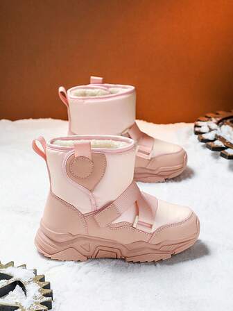1 Pair Kids Winter High-Top Snow Boots, Warm Snow Boots, Water-Resistant Upper Design, Anti-Slip & Durable Sole, Soft & Comfortable, Suitable For Winter Outdoor Snow Activities, Fashionable Pink Design For Girls