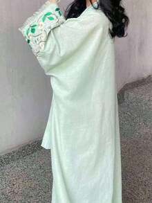 一件式时尚简约均码女式纯色中东服饰长裙时尚优雅开衫花卉袖口刺绣连衣裙长袍适合日常节日穿着 - 綠色 - 查看 3