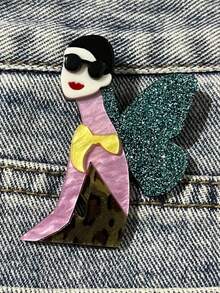 1pc Bohemian Style Acrylic Brooch, Handmade Elegant Lady Brooch With Cartoon Character Wearing Hat And Sunglasses, Creative Birthday Gift For Friends