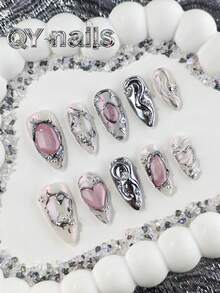 10 件/套手工制作杏仁全覆盖人造指甲，中等长度，粉色，甜美可爱风格，适合女士和女孩，可用作礼物，包括 1 个果冻垫和 1 个指甲塑形笔按压指甲美甲用品 - 粉色 - 查看 10