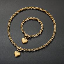 Silver 18k Gold Gold Plated Charm Chunky Stainless Steel Chain Heart Toggle Choker Bracelet Necklace Set Womens Fashion Valentine Jewelry Set - 不銹鋼 - 查看 8