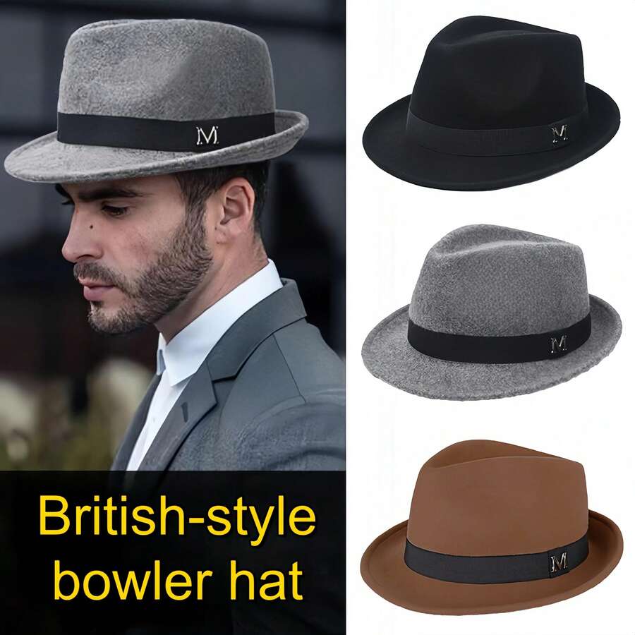 1 件，男士英式圆顶礼帽，复古爵士风格宽边帽，秋季户外骑行配件，节日时尚礼物，修饰脸型的设计。 - 彩色 - 查看 1