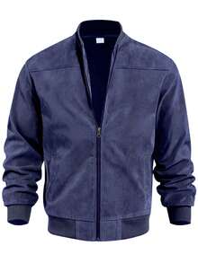 Áo khoác dài tay nam mùa xuân/thu chất liệu giả da lộn, mềm mại, thoải mái, kiểu dáng thường ngày, áo khoác bóng chày cổ đứng có khóa kéo, áo khoác ngắn dáng rộng tối giản đa năng [Kích thước lớn hơn bình thường, nên đặt size nhỏ hơn một size] - Màu xanh hải quân - Xem 4