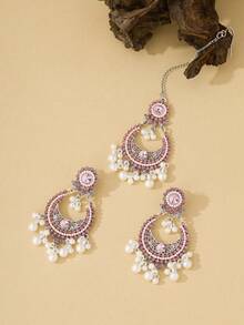 3件套奢华仿珍珠吊坠耳环+头链首饰套装，适合女士日常佩戴和女孩派对佩戴