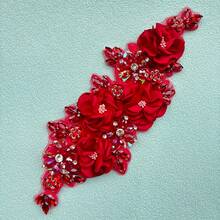 3D 串珠珍珠花面料蕾丝贴花、花卉刺绣贴片婚纱手工缝纫工具，适用于衣服和头带 - 紅色 - 查看 10