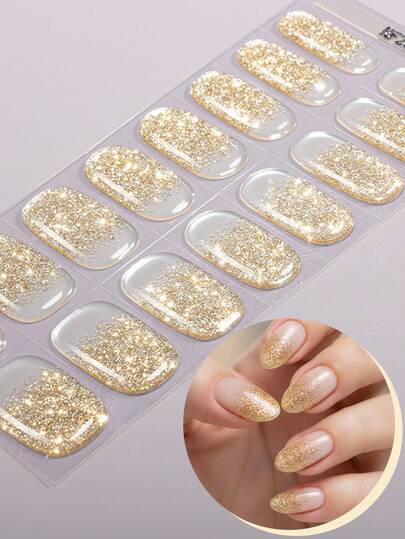 16pcs Semi Cured Gel Nail Strips, Simple Champagne Gold Glitter Gradient UV Gel Nail Stickers, Salon Quality, Easy To Apply And Remove, Suitable For Women's Home DIY Nail Art Supplies Nails